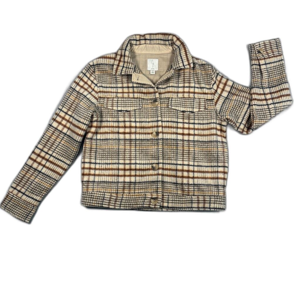 Joie Plaid Button Down Shacket Wool Blend Shirt Jacket Cream Tan Womens Sz S